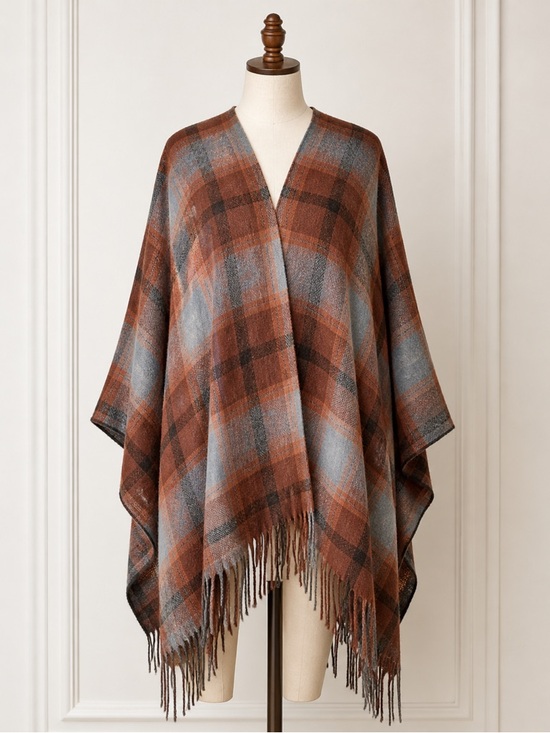Soft Surrounds Sweaters - NEW Soft Surrounds Checkmate Poncho Blue Rust Plaid Fringed Wrap One Size‎